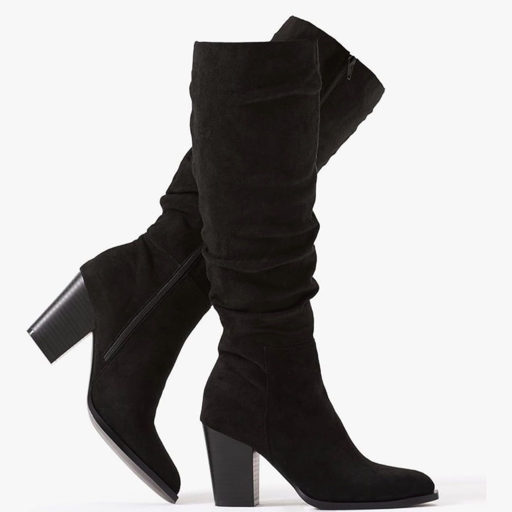 Black Faux Suede Knee-High Boots Chunky Heels